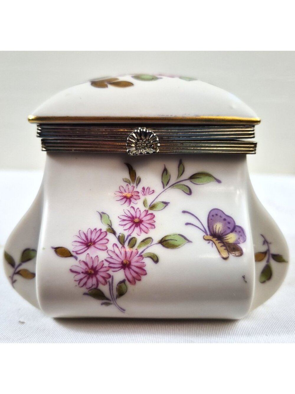 Vintage Hinged Porcelain Trinket Box Butterfly Pink Floral Gold Trim Jewelry Box